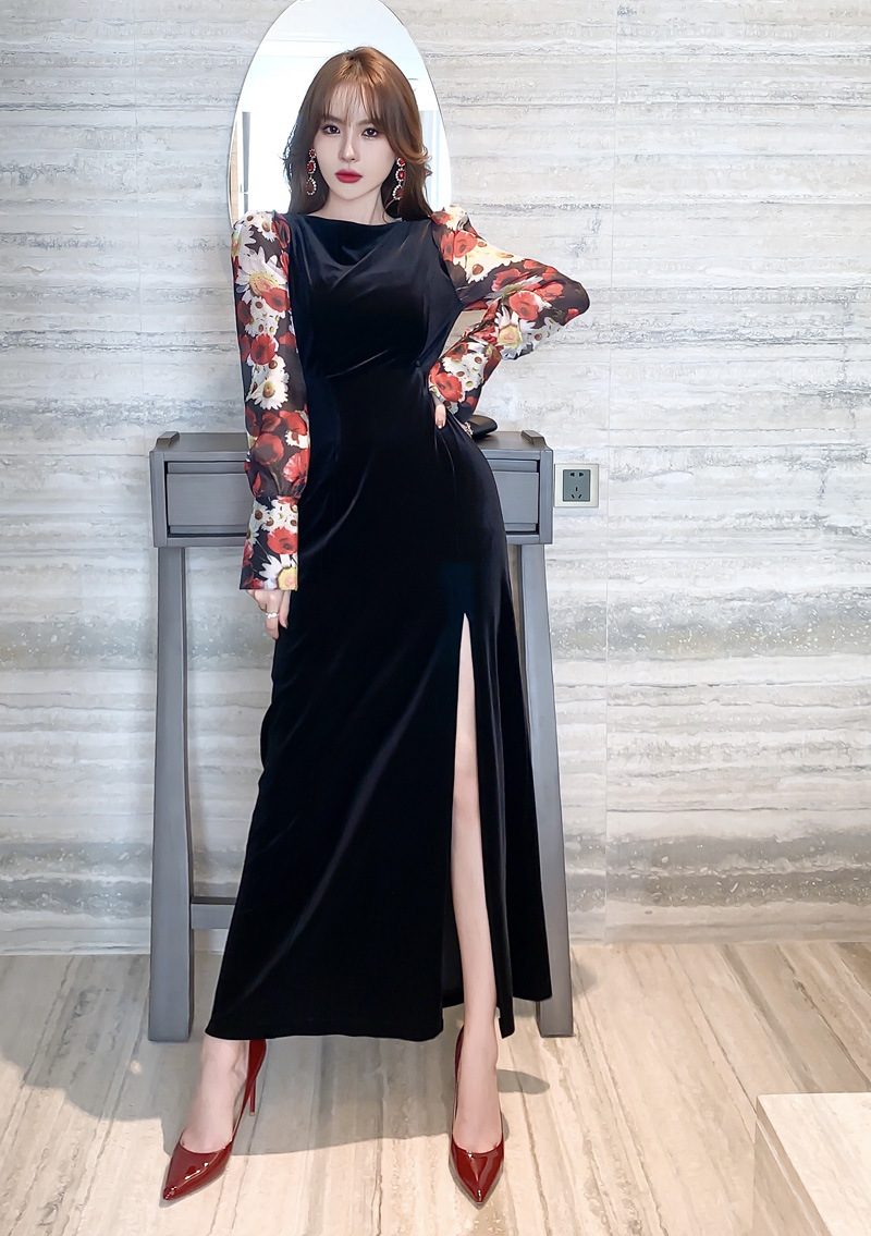 Đầm liền thân nhung đen dài tay in họa tiết retro dáng ôm — Màu đen chi tiết 13