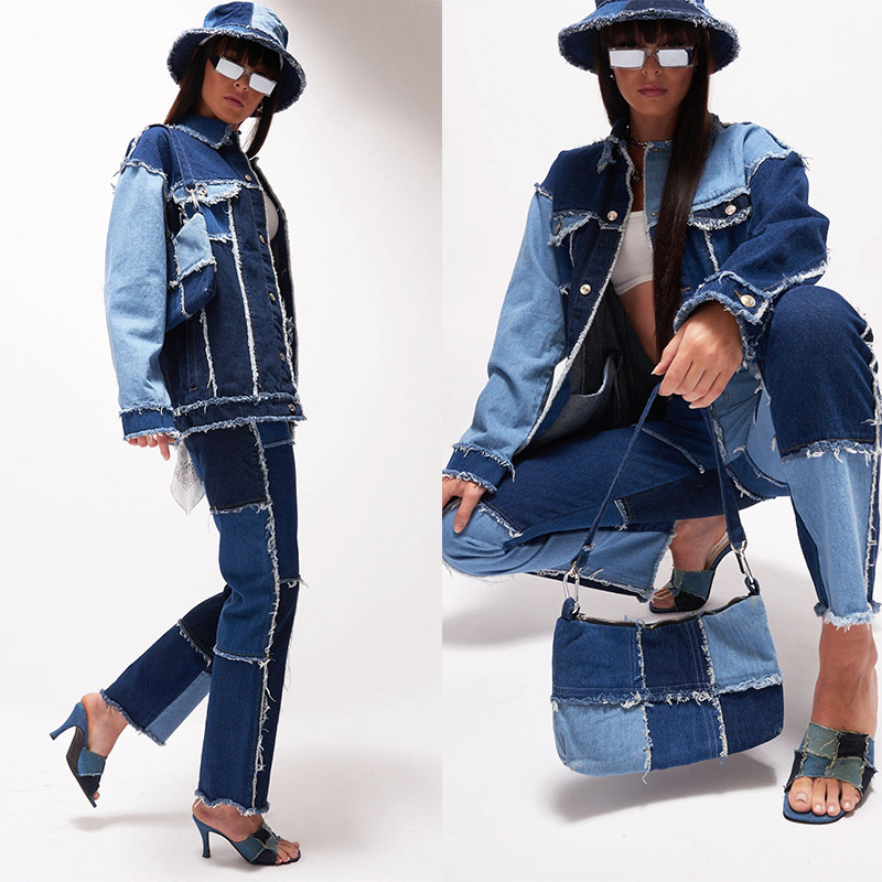 Color block denim jacket women Europe an...