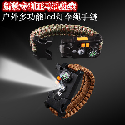 新品亞馬遜爆款戶外多功能打火石LED充電戶外野營燈傘繩七芯手鏈