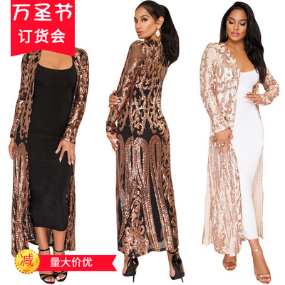 蓋茨比禮服珠片長裙 歐美熱銷性感亮片長禮服透視開衫 亮片連衣裙