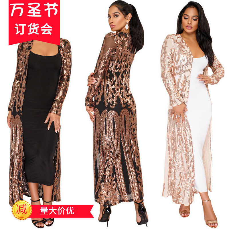 蓋茨比禮服珠片長裙 歐美熱銷性感亮片長禮服透視開衫 亮片連衣裙