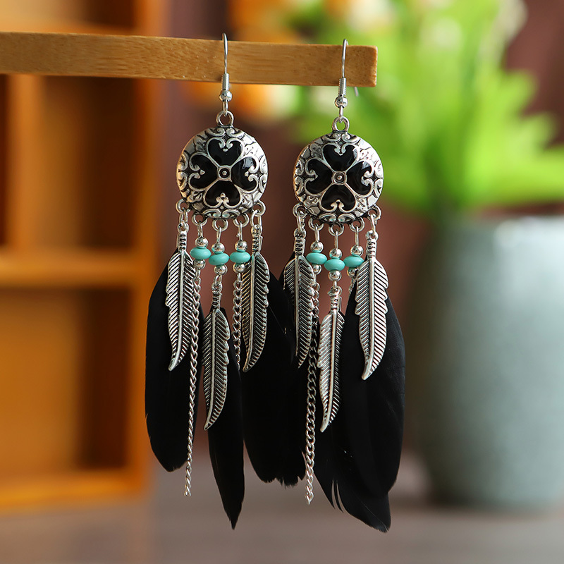 Vintage Exaggerated Round Feather Long Creative Rice Bead Carved Tassel Earrings display picture 3