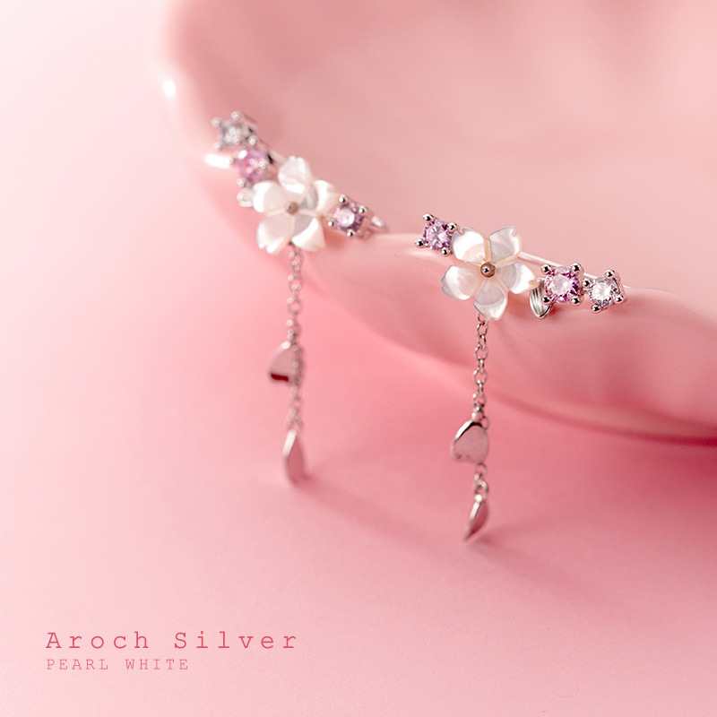 S925 gancho de auriculares de plata para mujeres coreanas conchas de flores de cinco pétalos con diamantes adornos de amor pendientes de bordilla pendientes de orejas G5389 image 3