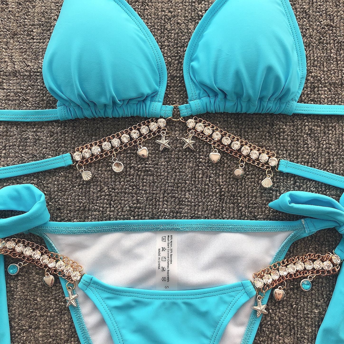 Lake Blue Crystal Diamond Straps Triangle Sexy Bikini Gathered Swimwear Wholesale Nihaojewelry display picture 4