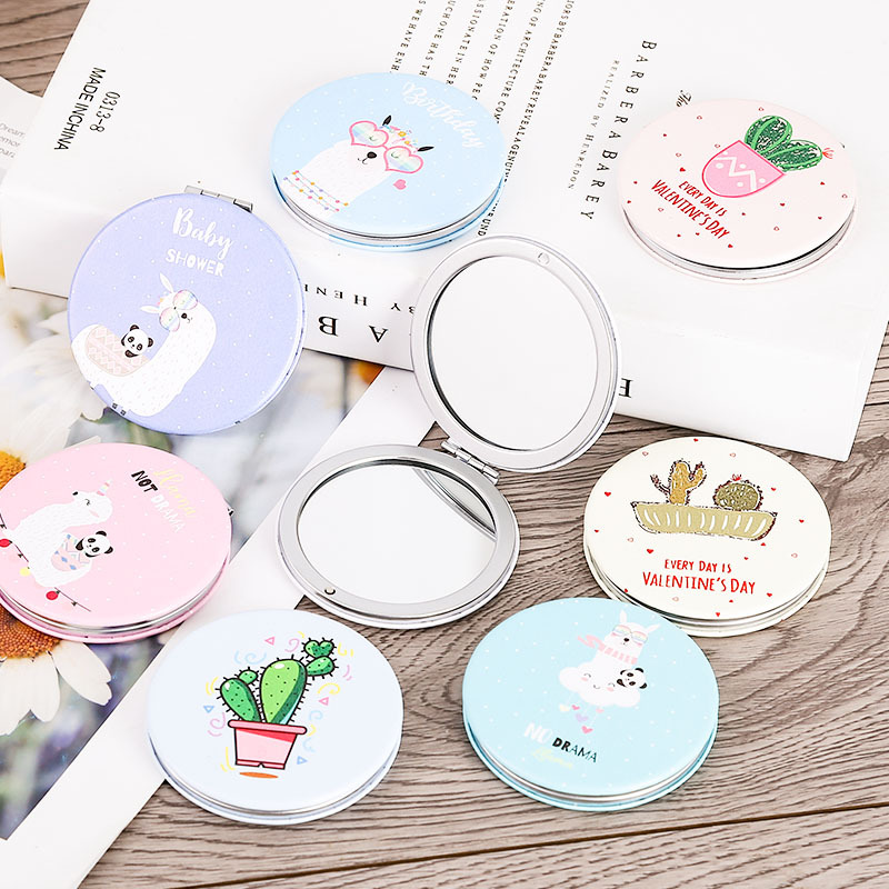 展盒现货圆形PU皮革镜双面折叠镜定制logo图案随身便携化妆镜子|ms