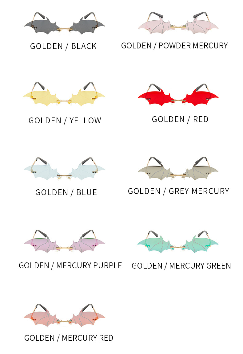 70g Weight Frameless Glasses Structure Sunglasses Classification PC, UV400 Protection Lens Material Special-Shaped Mirror Glasses Style Outdoor, Stage Occasion Halloween Festival Bat Pattern Unisex Gender Streetwear Style Gold Color Streetwear Bat PC UV400 Protection Special-Shaped Mirror Frameless Women's Sunglasses 1
