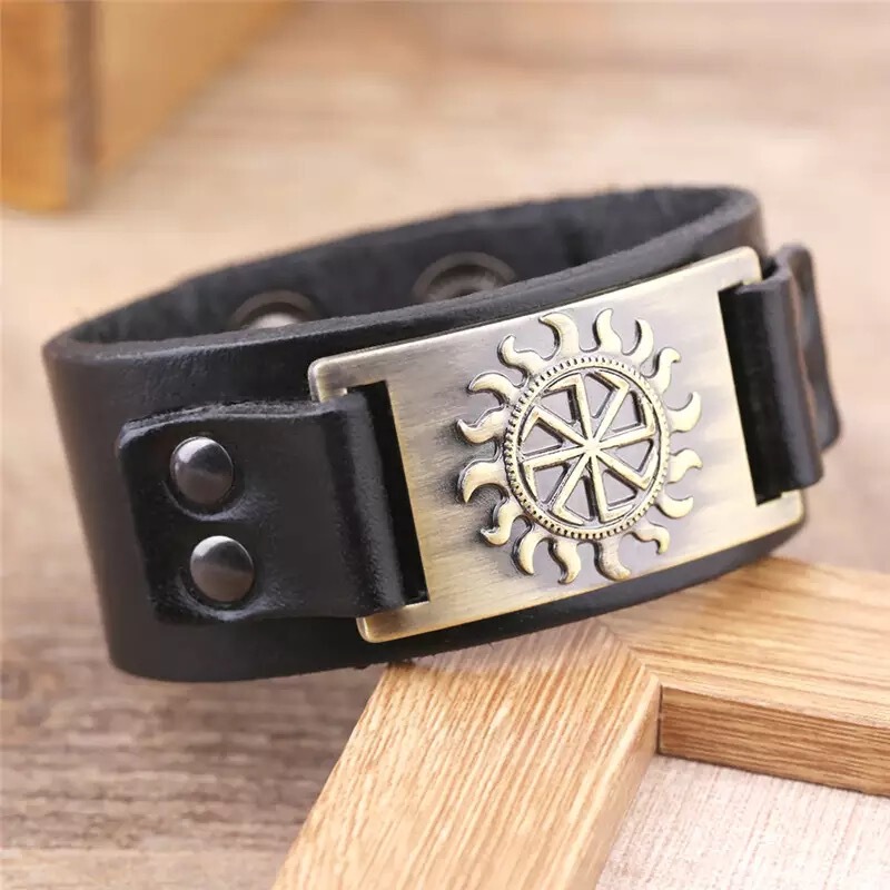 Stall Hot Products Viking Genuine Leather Bracelet Fire Wheel Alloy Punk Bracelet Amazon Hot Men