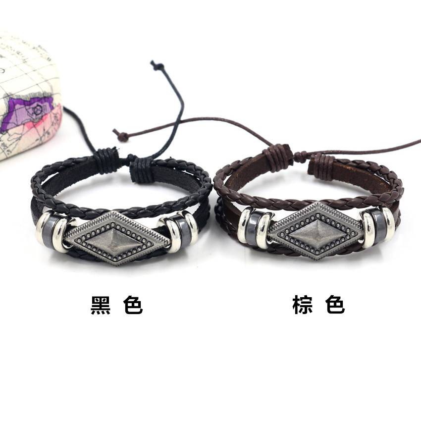 Simple Retro Woven Cowhide Bracelet Diy Geometric Diamond Men's Leather Bracelet Wholesale Nihaojewelry display picture 1