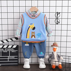 Children's Knit Long-Sleeve Sweater, Toddler Check Shirt, Denim Children's Apparel Set of 3 (Korean Version)