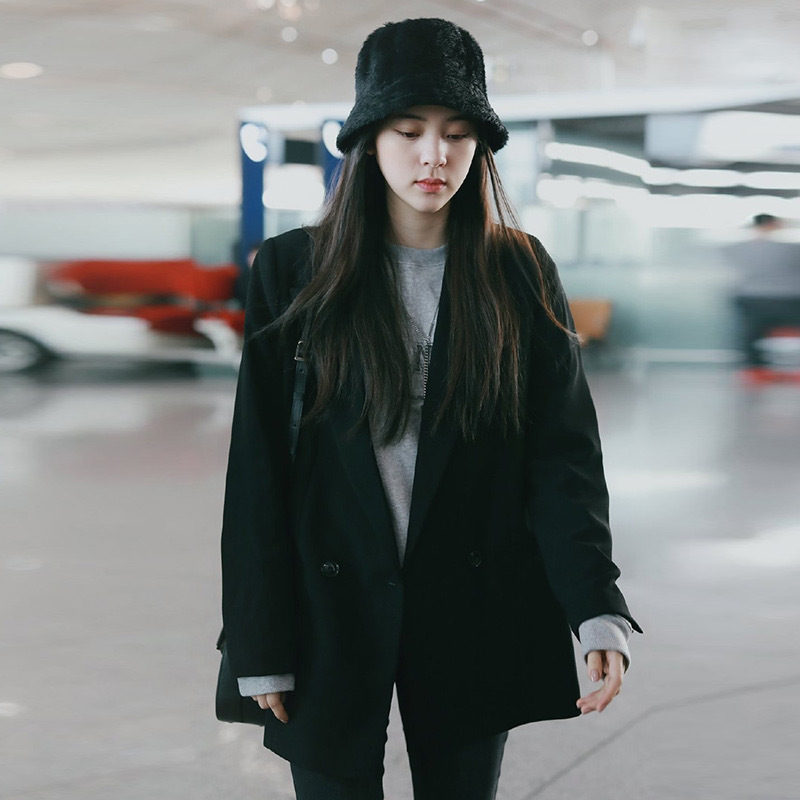 20 Autumn and winter Ouyang Nana Same item Simplicity black Easy leisure time British style Show thin suit coat
