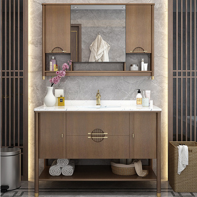 新中式古典浴室柜组合橡木实木落地仿古卫浴柜卫生间洗手台洗脸盆