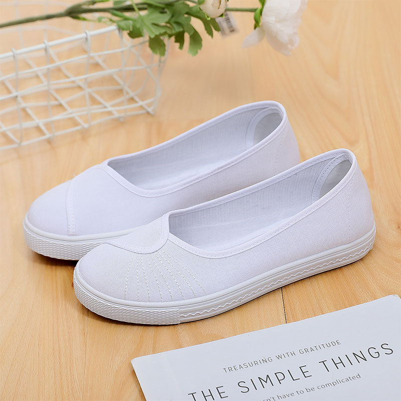 简约舒适新款小白鞋 平底护士鞋医院美容院工作鞋帆布女鞋一脚蹬|ms