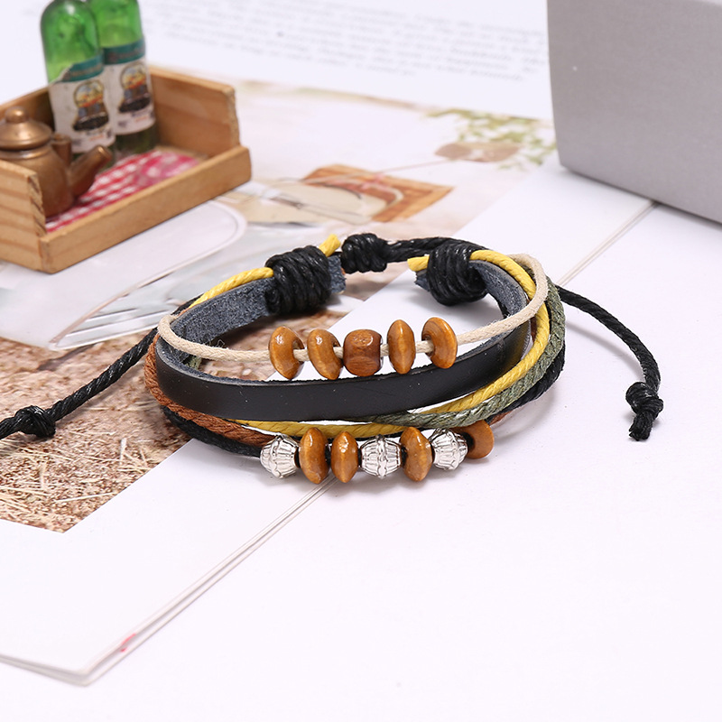 Hot Sell Beaded Leather Bracelet Hand Woven Multilayer Hemp Rope Wooden Bead Bracelet wholesale niha
