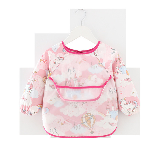 Children's smock waterproof long-sleeved reverse clothing baby eating clothes apron pure cotton children's bib protective clothing with rice pocket
