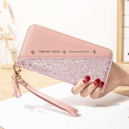 2021 Long Wallet for Women with Zipper, Korean Style Patchwork Color Block Tassel Versatile Card Holder Phone Bag with Sequins 2021 Long Wallet for Women with Zipper, Korean Style Patchwork Color Block Tassel Versatile Card Holder Phone Bag with Sequins
