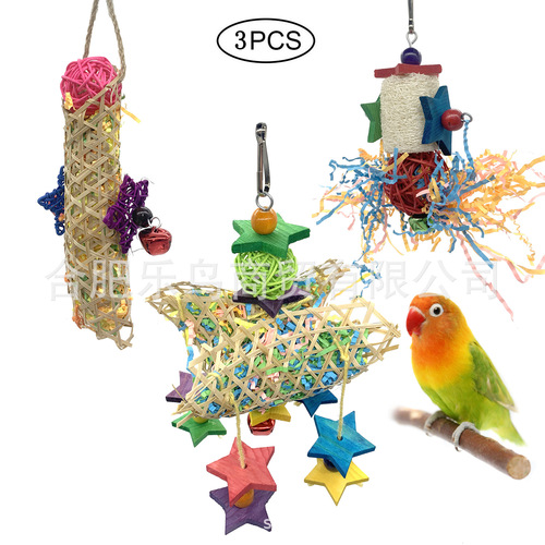 3 pcs Parrot Toy Bird Toys Vine Ball Bamboo Net Brushed Grass Chewing Toys Paper Fiber Grass Fiber Chewing Toys
