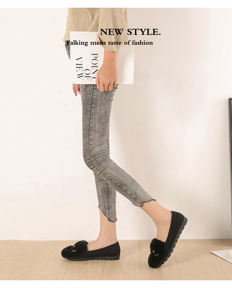 Giày lười nữ lông thỏ có nơ, lót lông ấm, đế thấp 1–3 cm — Màu xám, Màu đen chi tiết 13
