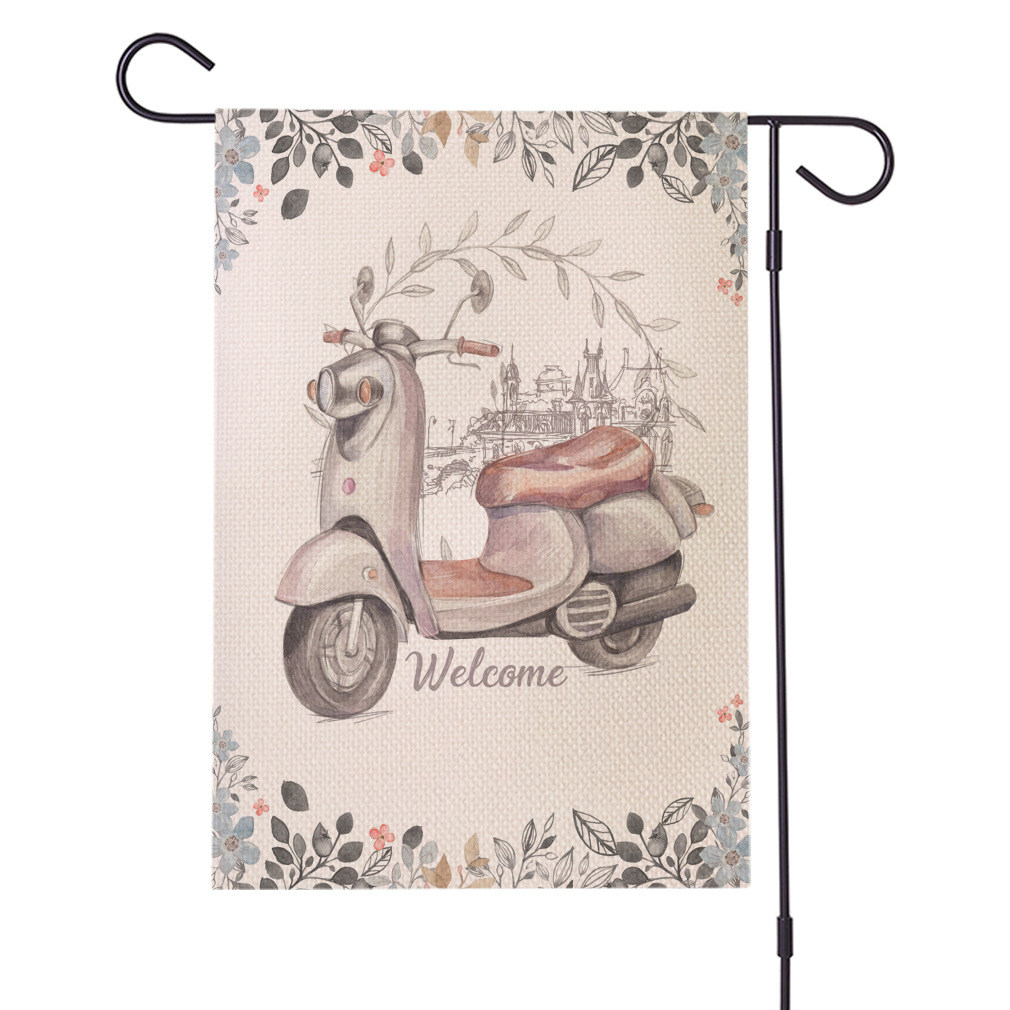跨境热销 温馨单车系列水亚麻花园旗 双面庭院节日旗 支持定制