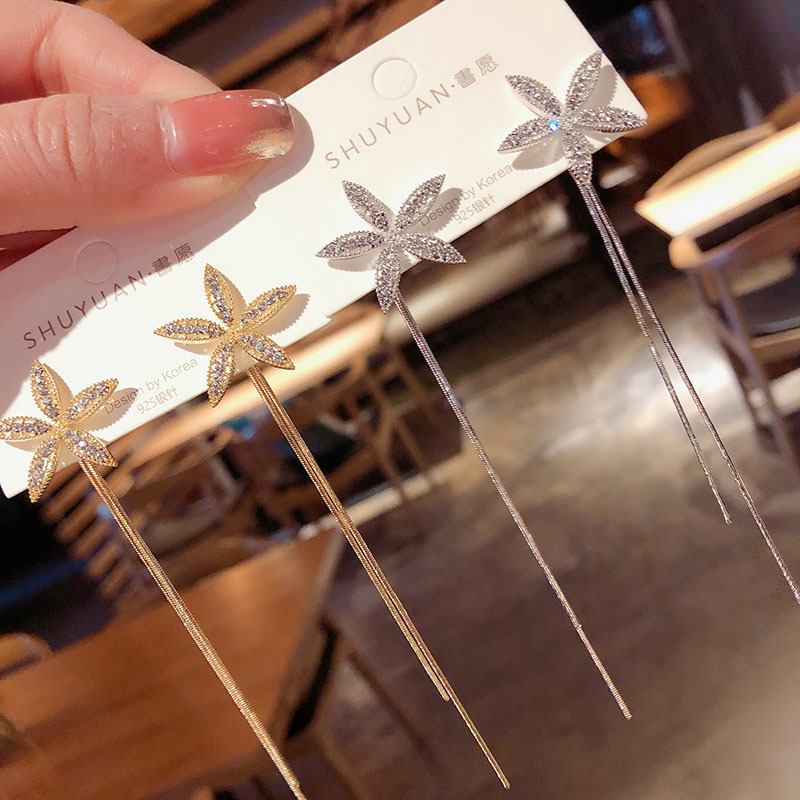 925 Silver Needle Diamond Five Petal Flower Long Tassel Korean New Fashion Wild Alloy Earrings For Women display picture 6