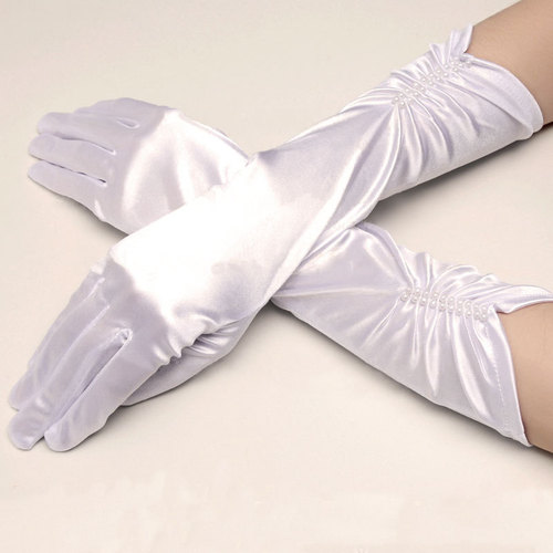 Bridal Wedding Decorative Gloves with Finger Double Row Sewing Beaded Stretch Satin Dress Gloves Sun Protection Performance Sleeves