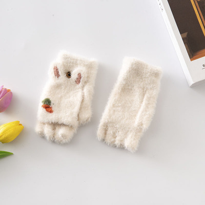 秋冬款保暖半指翻盖 水貂绒学生两用手袋 提花鹿角户外手套批发