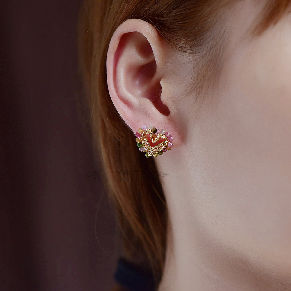 Women's Gender 1 Pair Retro Classic Style Heart Shape Tourmaline Copper 14K Gold Plated Ear Studs