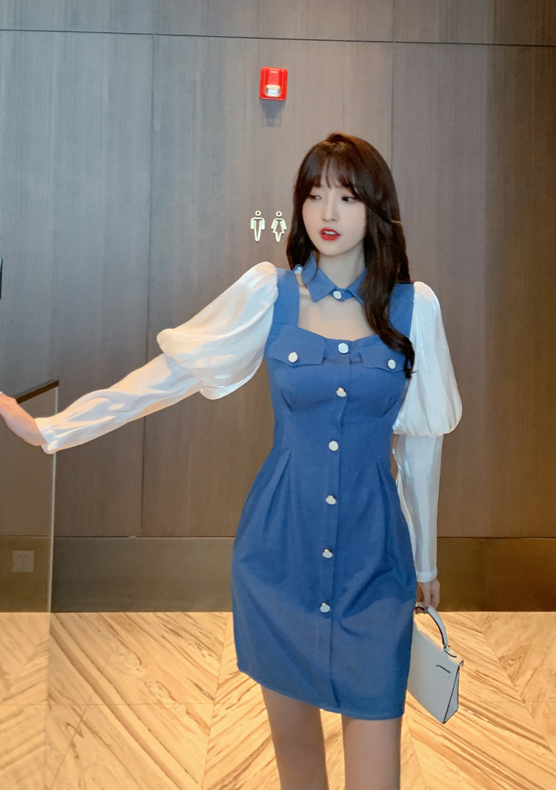 Đầm cổ búp bê tay phồng dáng suông — Màu xanh lam chi tiết 1