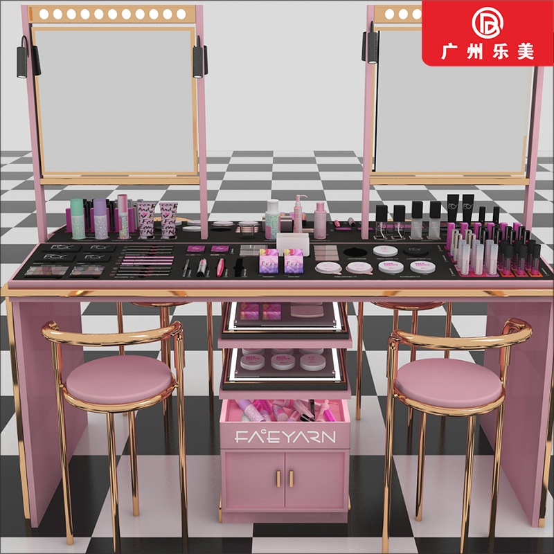 广州厂家新款化妆品彩妆亚克力展示柜 木烤漆不锈钢流水柜样品柜