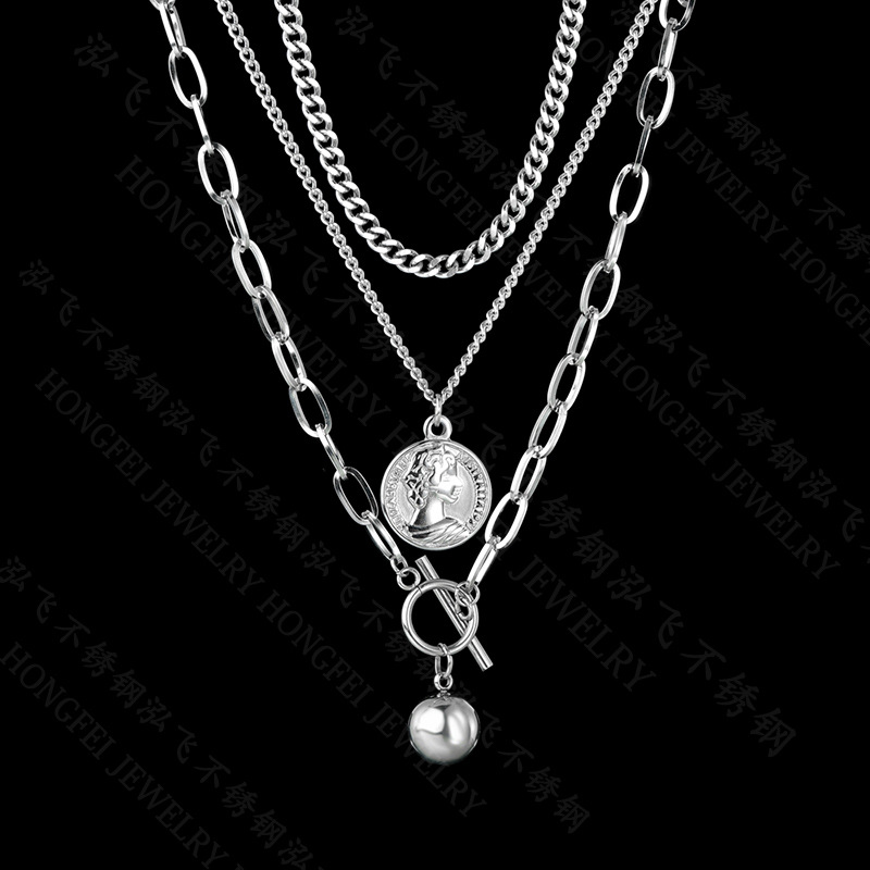 European And American Stainless Steel Three-layer Chain Elizabeth Round Beads Hip-hop Necklace display picture 7