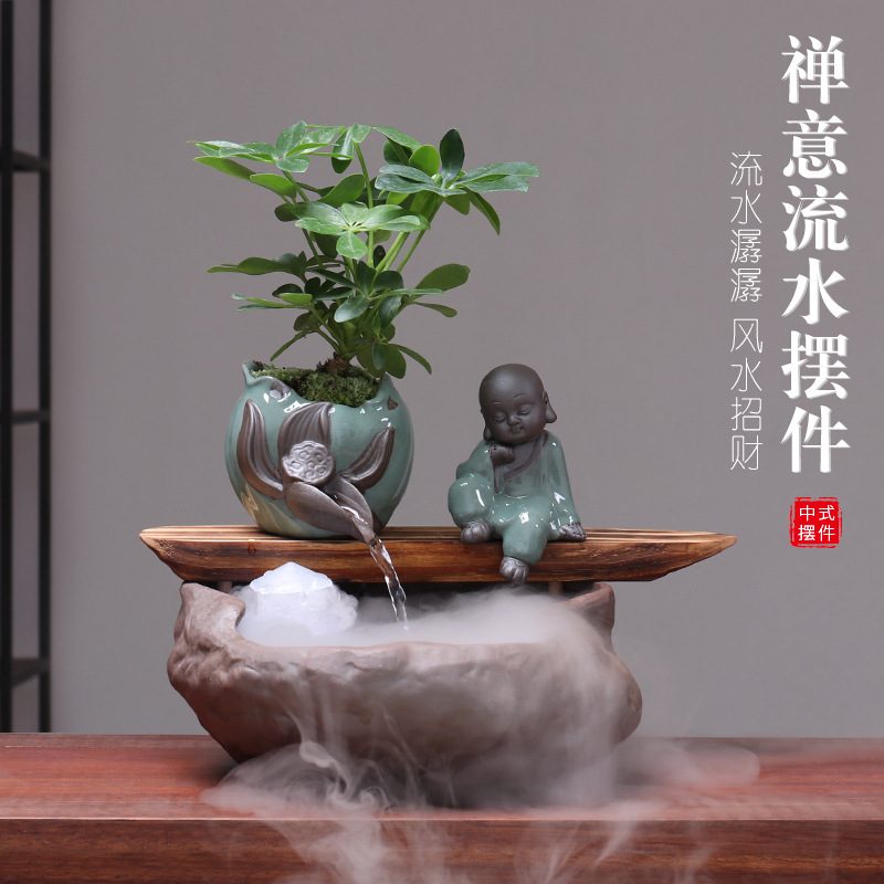 Flowing Water Ornament Ceramic Fish Tank Feng Shui Wheel for Attracting Wealth, Living Room Office Desktop Humidifier Ceramic Feng Shui Wheel with Zen Style