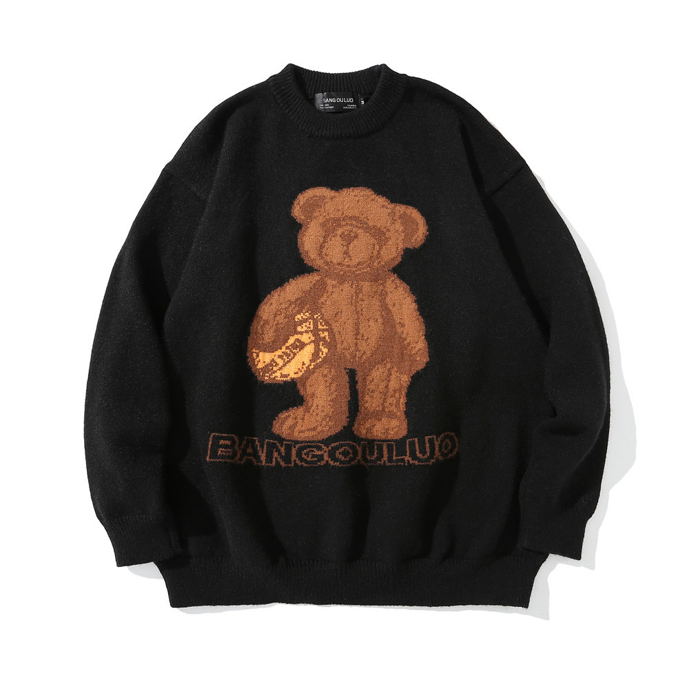 Maglione uomo jacquard disegno orso stile streetwear oversize_voghion.com