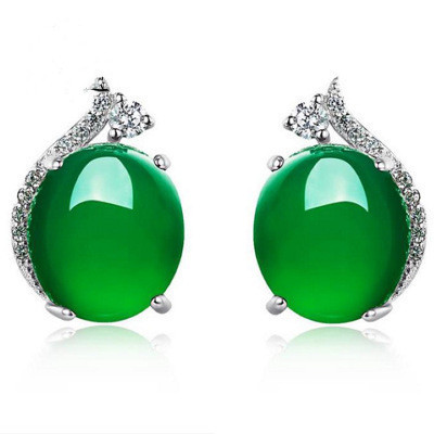 绿宝石 纯白铜镀白金玉髓耳钉女 韩国时尚个性简约品  情人节礼物