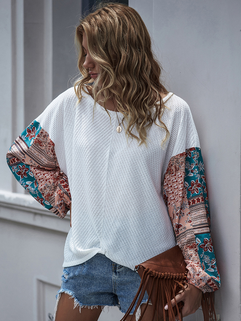  printed stitching long-sleeved bohemian casual T-shirt top NSDF2602