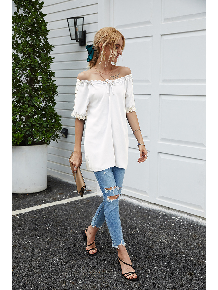 solid color lace one-shoulder hooded casual short-sleeved T-shirt NSAL2880