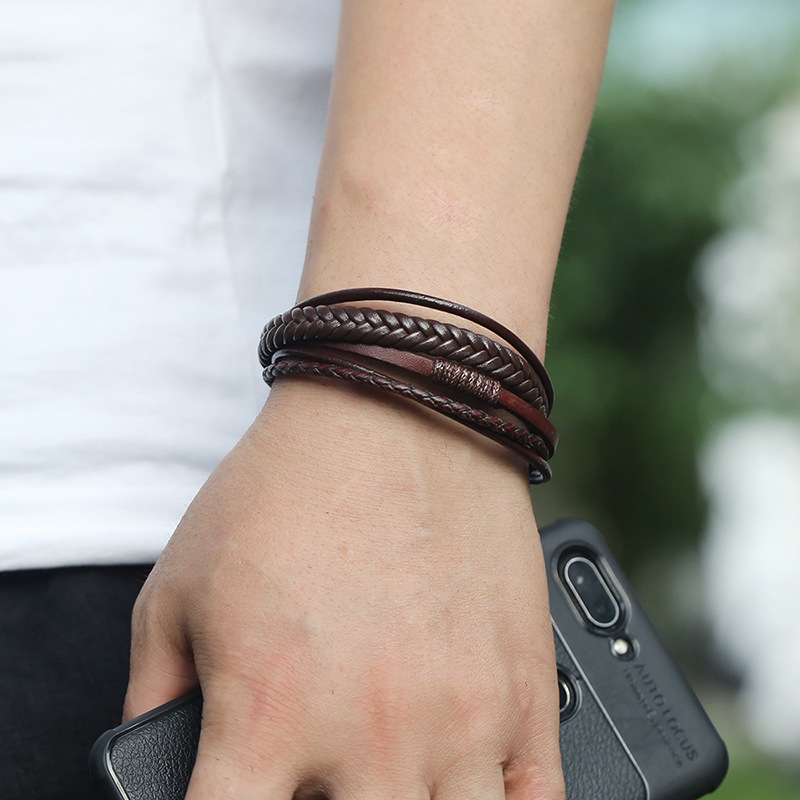 Retro hand-woven menu0027s leather simple multilayer alloy magnet buckle leather bracelet nihaojewel