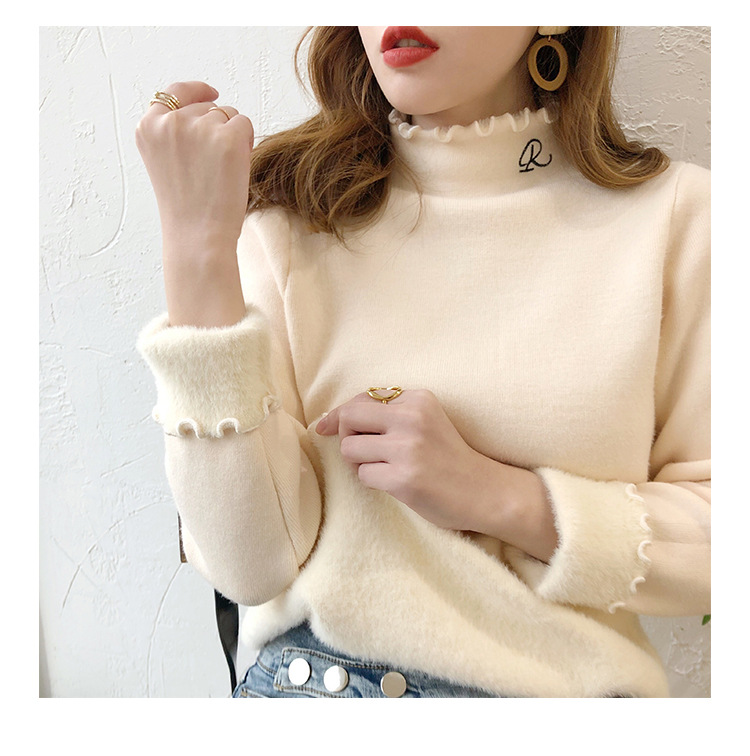 代发一体绒加厚打底衫 韩版仿貂绣花保暖针织衫跨境半高领毛衣女