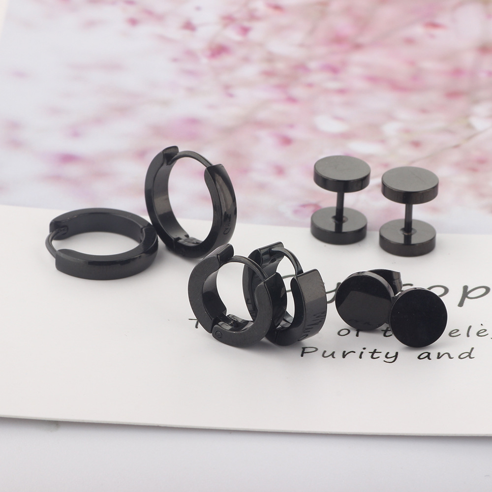 8mm 316L Surgical Steel Earrings Set - Men's Women's Atmospheric Simple Floral Studs (Black 8-Piece) detail image 9