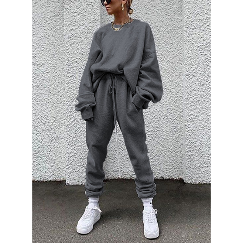 Solid Color Long-sleeved Trousers Loose Leisure Suit in Pant Sets