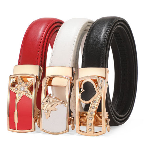 【True Leather Warranty for 3 Years】Women's Genuine Leather Belts, Fashionable Automatic Buckle Waist Belts, Korean Style Student Pants Belts
