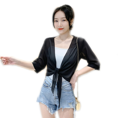 Small shawl coat for women 2024 summer new small waistcoat versatile chiffon sun protection coat ultra-thin short outer cardigan