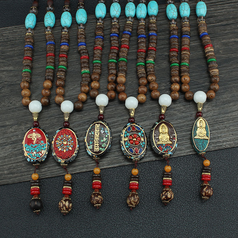 Vintage Nepal Ping An Brand Buddha Beads Necklace Men's Exotic Long Woolen Chain Cotton and Linen Accessories Women's Wooden Beads