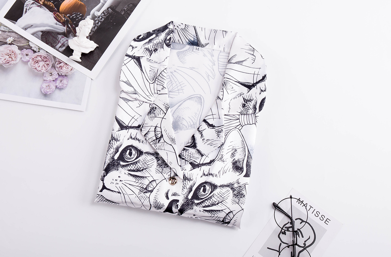 Pajamas Summer Silk Thin Section Mid-sleeved Cute Cat Shirt Skirt Outwear Wholesale Nihaojewelry display picture 24