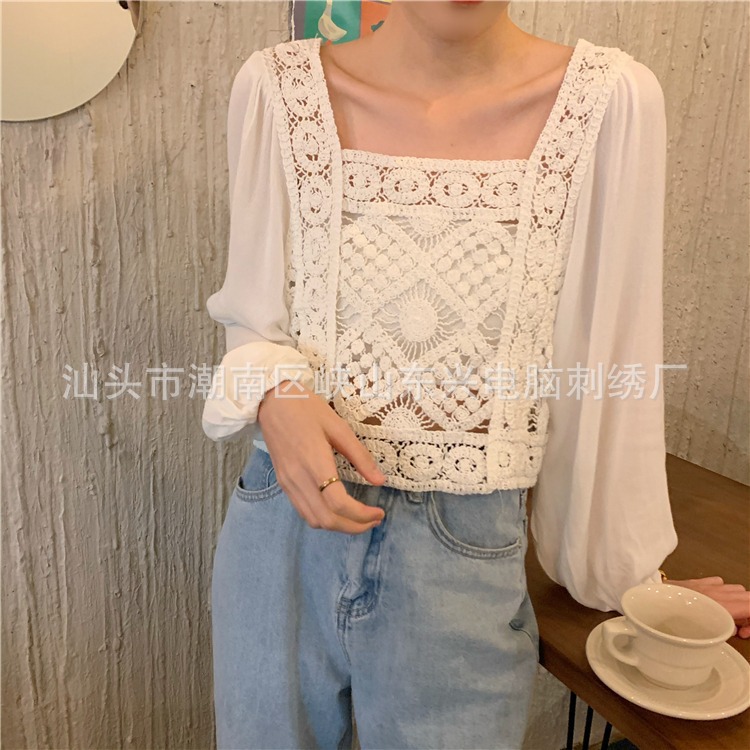 2020秋季新款韩版设计感小众长袖钩花镂空短款泡泡袖上衣女雪纺衫