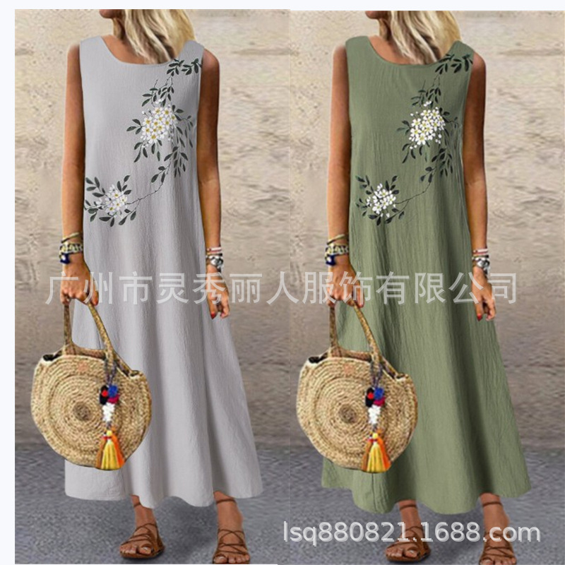 2020亞馬遜wish歐美外貿新款棉麻圓領無袖印花背心連衣裙女裝