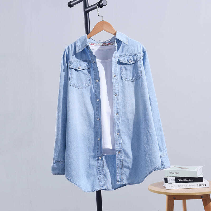 Women Denim Shirt Loose Long Sleeve Autumn Blue Large