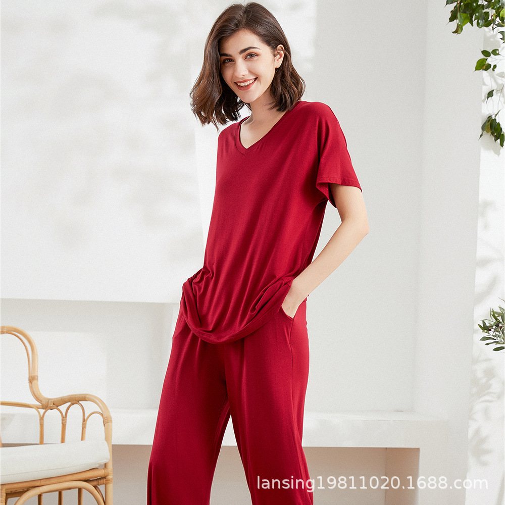 Cross-border Summer Modal Pajamas Set Women's Cropped Pants Thin Loose Short-sleeved Wide-leg Pants Outer Wear Home Clothes