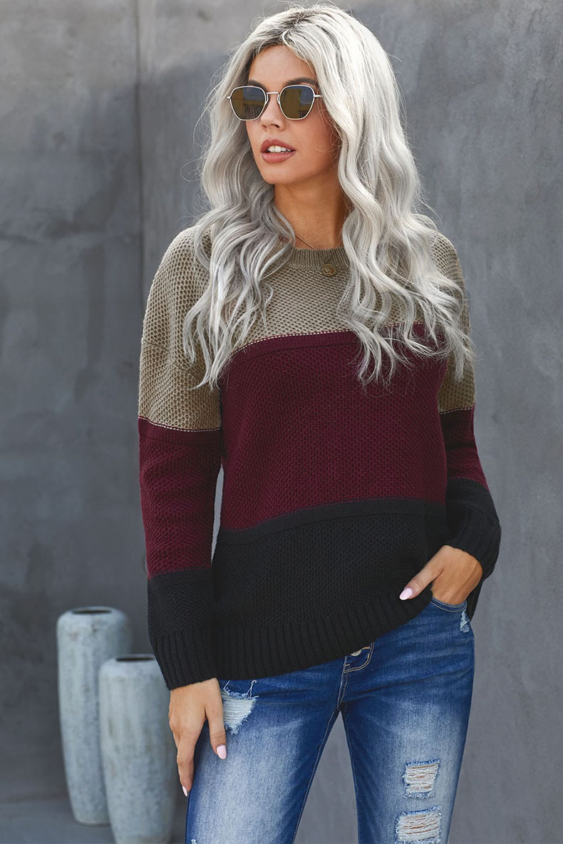 long-sleeved round neck stitching color knitted sweater nihaostyles wholesale clothing NSQSY86992