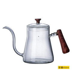 Coffee hand brewing pot, high borosilicate glass coffee pot, heat-proof wooden handle transparent hot water pot, factory handmade