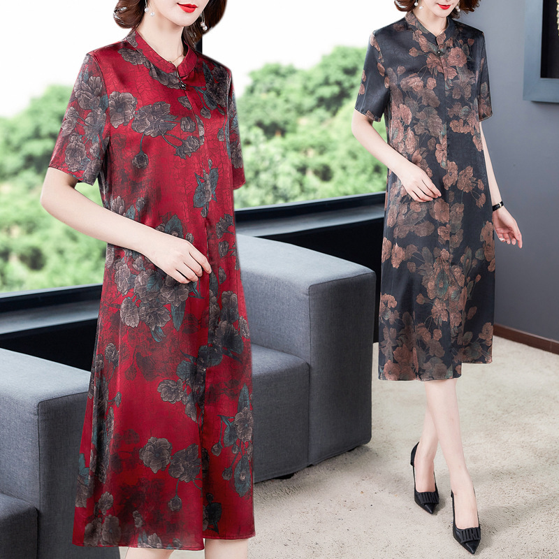 2020夏季新款仿真丝连衣裙女过膝大牌宽松时尚气质中年妈妈大码