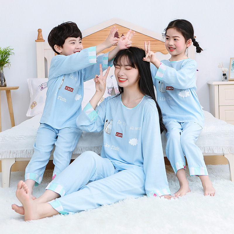 2020夏季新款竹节棉亲子装家居服母女睡衣儿童长袖长裤套装空调服|ms